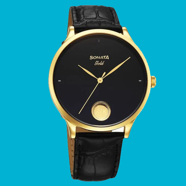 Sonata Gold Quartz Analog Watch for Men with Black Dial Leather Strap With An Eye-Catching Gold Coin on Dial