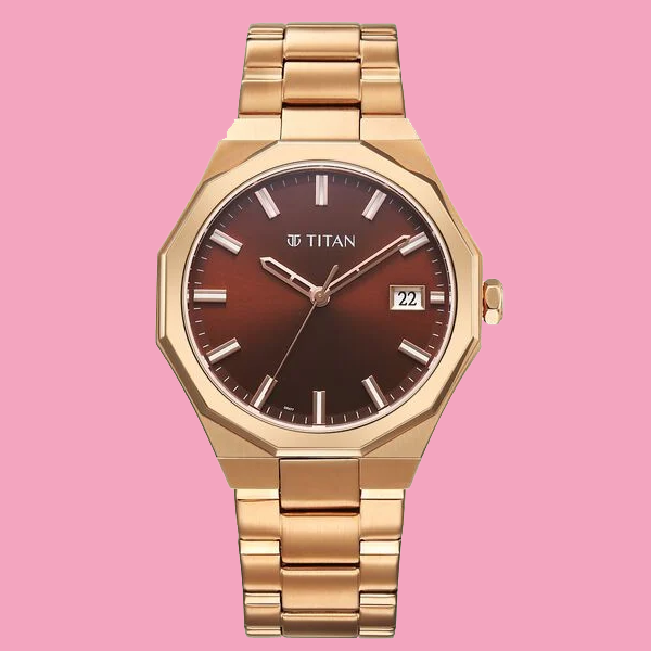 Titan Regalia Dodecagon Quartz Analog with Date Brown Dial Rose Gold Stainless Steel Strap Watch For Men