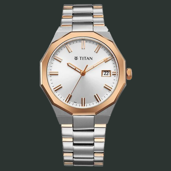 Titan Regalia Dodecagon Quartz Analog with Date Silver Dial Two Toned Stainless Steel Strap Watch For Men
