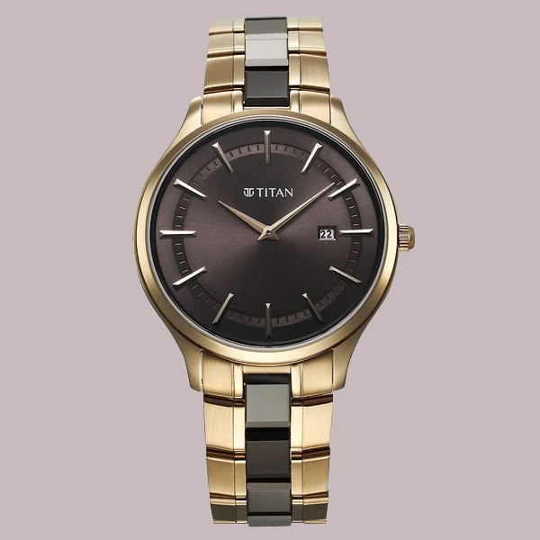 Titan Slim Ceramic Fusion Quartz Analog with Date Grey Dial Stainless Steel Strap Watch For Men