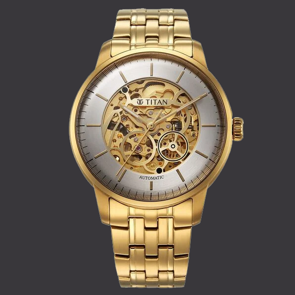 Titan Golden Heart Skeletal Automatic Analog with Silver Dial Yellow Gold Stainless Steel Strap Watch for Men