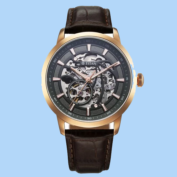 Titan Phoenix Skeletal Automatic Analog with Gun Dial Brown Leather Strap Watch for Men