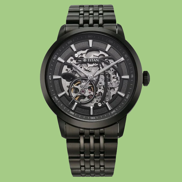 Titan Phoenix Skeletal Automatic Analog with Gun Dial Black Stainless Steel Strap Watch for Men