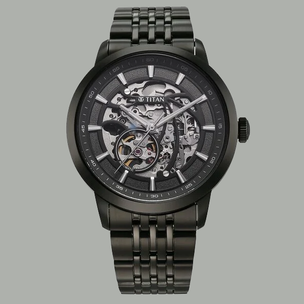 Titan Phoenix Skeletal Automatic Analog with Gun Dial Black Stainless Steel Strap Watch for Men