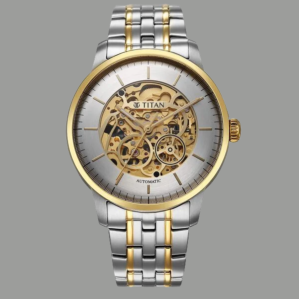 Titan Golden Heart Skeletal Automatic Analog with Silver Dial Dual-Tone Stainless Steel Strap Watch for Men