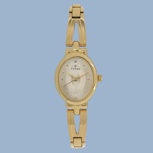 Titan Quartz Analog Champagne Dial Golden Stainless Steel Strap Oval Shaped Watch For Women