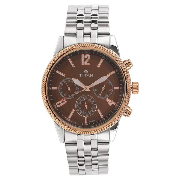 Titan Workwear Quartz Multifunction Brown Dial Stainless Steel Strap watch for Men
