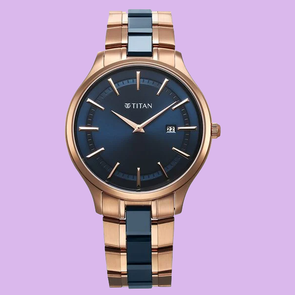 Titan Slim Ceramic Fusion Quartz Analog with Date Blue Dial Stainless Steel Strap Watch For Men