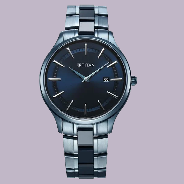 Titan Slim Ceramic Fusion Quartz Analog with Date Blue Dial Stainless Steel Strap Watch For Men