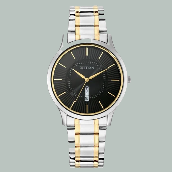 Titan Quartz Analog with Day and Date Black Dial Metal Strap Watch for Men