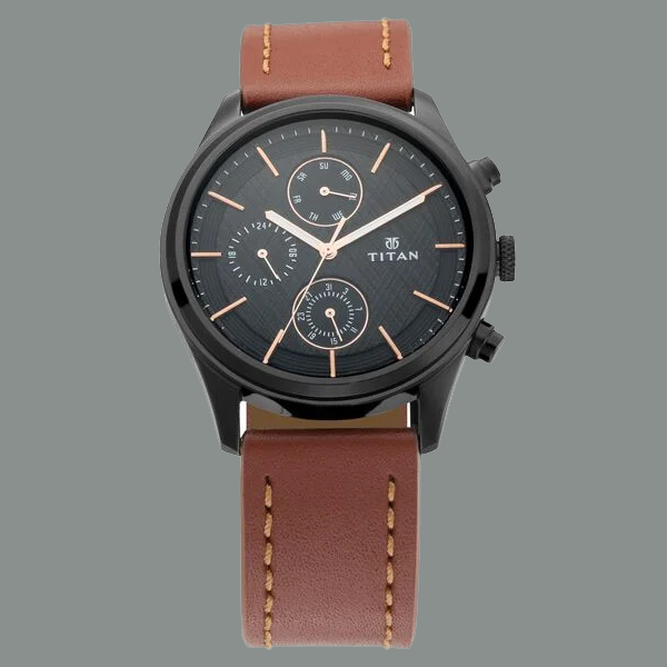 Titan Workwear Multifunction Black Dial Brown Leather Strap Watch For Men