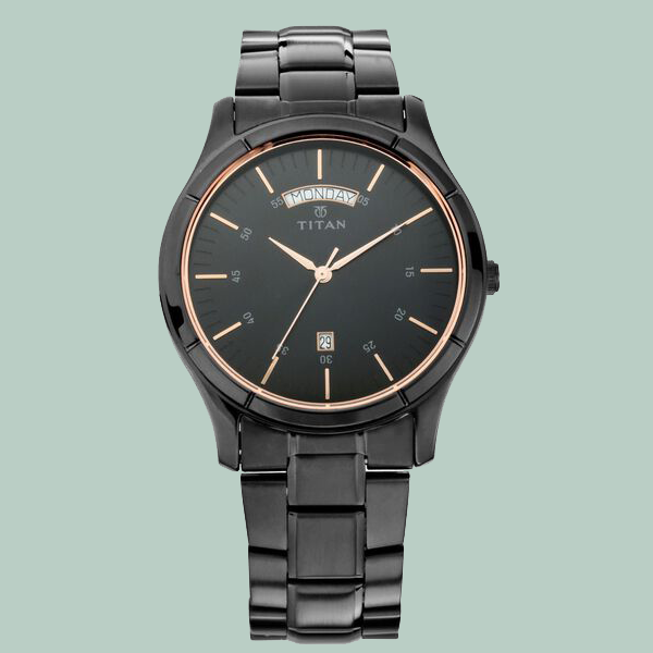 Titan Quartz Analog with Day and Date Black Dial Black Stainless Steel Strap Watch For Men
