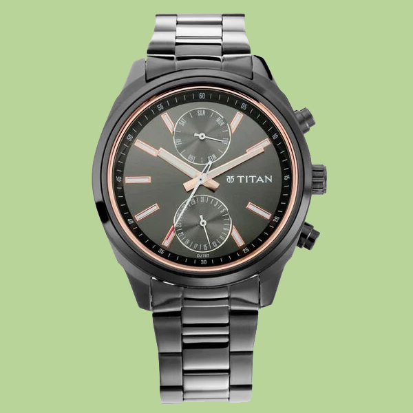 Titan Men's Metropolitan Luxe: Multifunction Mono black Dial with Two-Tone Stainless Steel Bracelet Watch