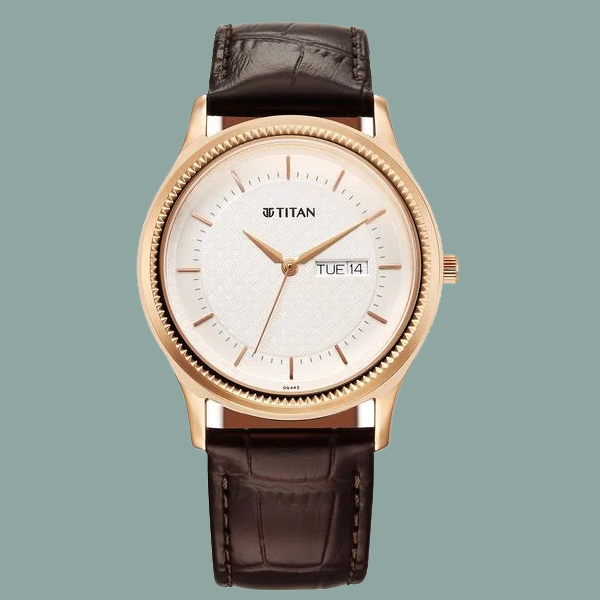 Titan Karishma Quartz Analog with Day and Date Silver Dial Leather Strap Watch For Men