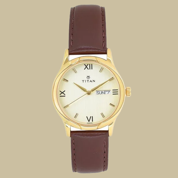 Titan Champagne Dial Analog with Day and Date Leather Strap watch for Men