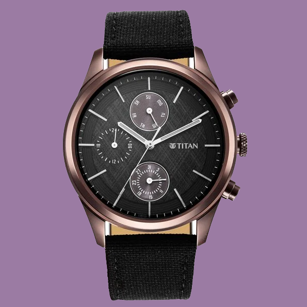 Titan Men's Infinity Chrono watch: Precise Blue Dial, Rose Gold Highlights, Durable Leather Strap