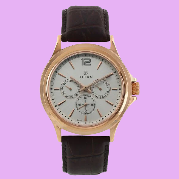 Titan Quartz Multifunction White Dial Leather Strap Watch for Men