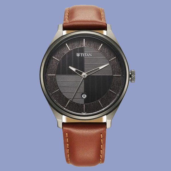 Titan Neo Economy Quartz Analog with Date Grey Dial Brown Leather Strap Watch For Men