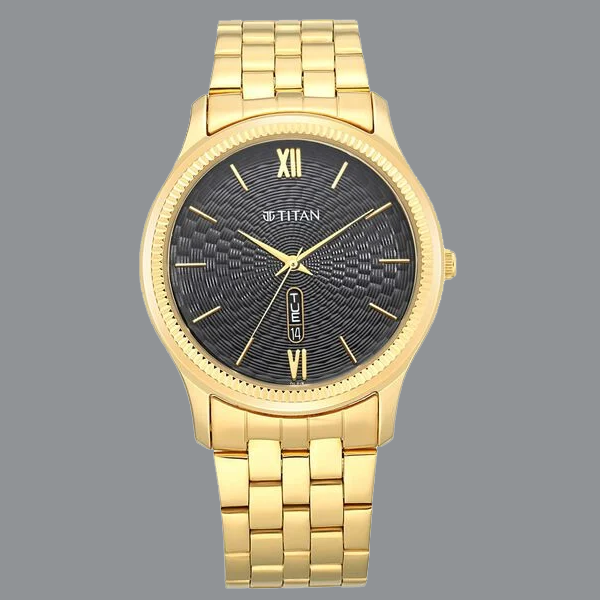 Titan Quartz Analog with Day and Date Black Dial Metal Strap Watch for Men