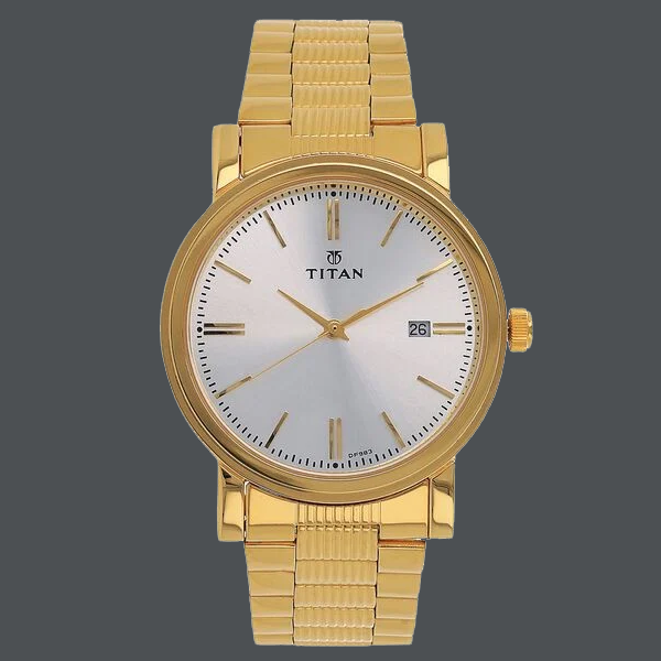 Titan Quartz Analog with Date Silver Dial Golden Stainless Steel Strap Watch For Men