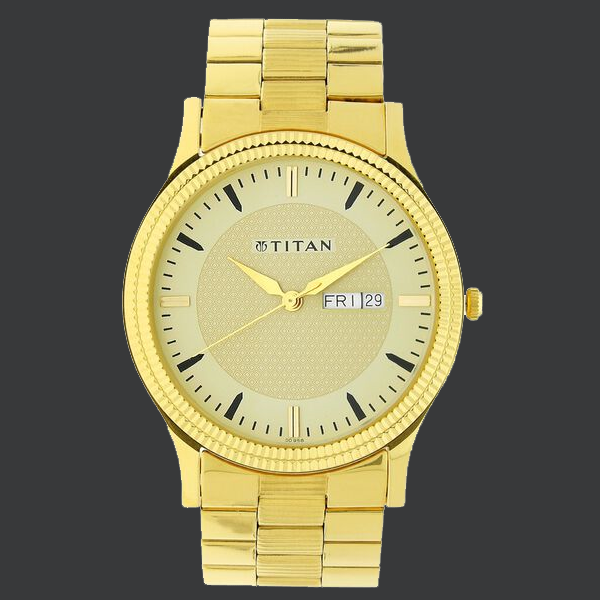 Titan Quartz Analog with Day and Date Golden Dial Stainless Steel Strap Watch for Men