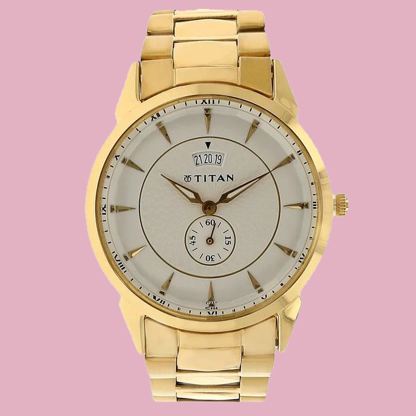 Titan Quartz Analog with Date Silver Round Dial Golden Stainless Steel Strap Watch For Men