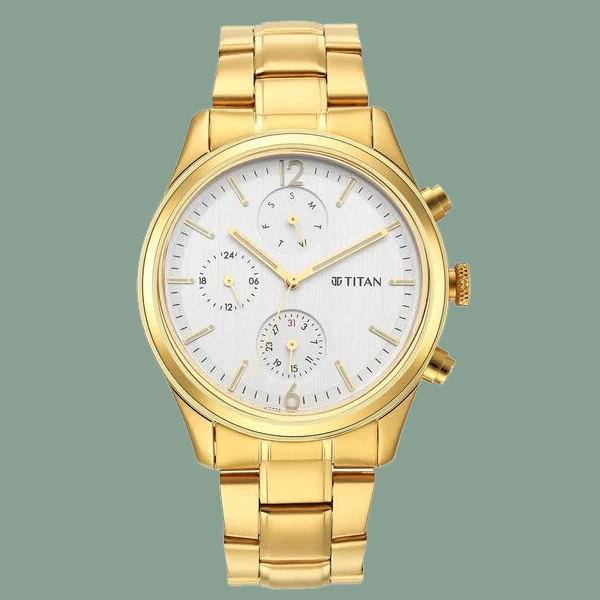 Titan Black and Gold Silver Dial Analog with Day and Date Stainless Steel Strap Watch for Men