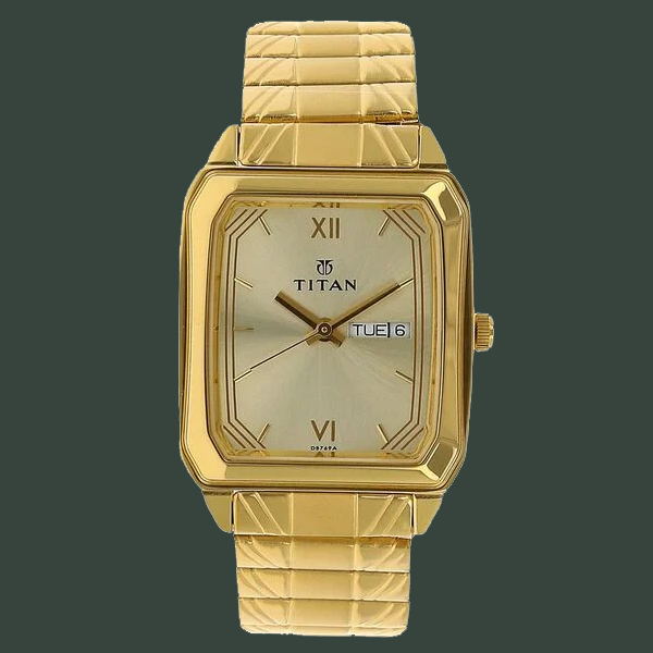 Titan Quartz Analog with Day and Date Champagne Dial Stainless Steel Strap Watch for Men