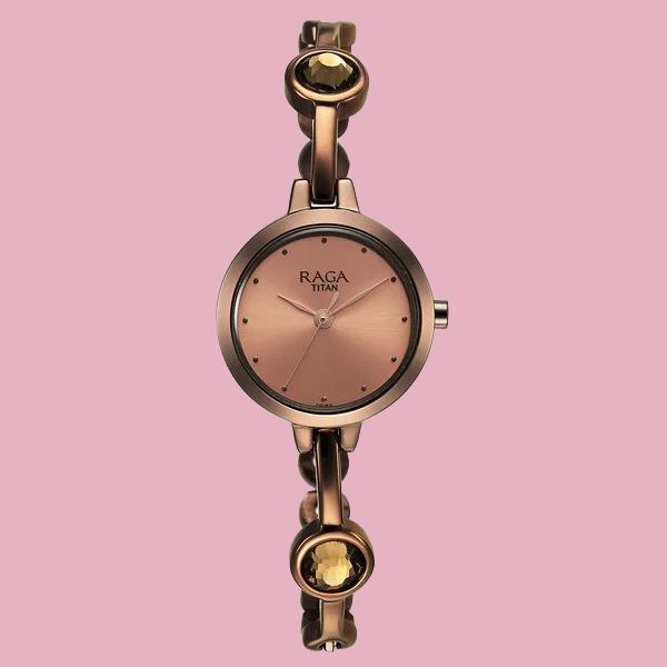 Titan Raga Viva Quartz Analog Rose Gold Dial Brown Metal Strap Watch for Women