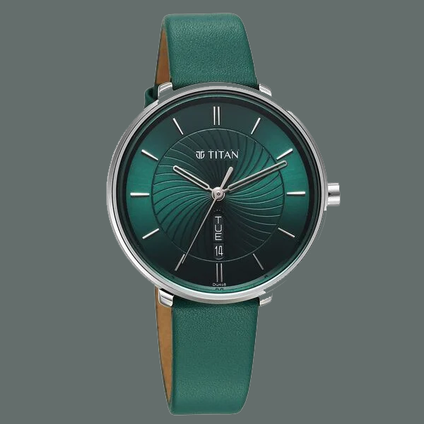 Titan Neo Analog with Day and Date Green Dial Green Color Leather Strap Watch For Women