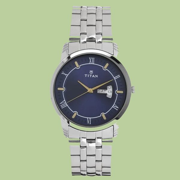 Titan Analog with Day and Date Blue Dial Stainless Steel Strap watch for Men