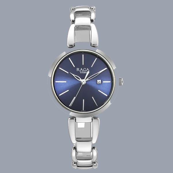 Titan Raga Viva Blue Dial Analog with Date Silver Metal Strap Watch for Women