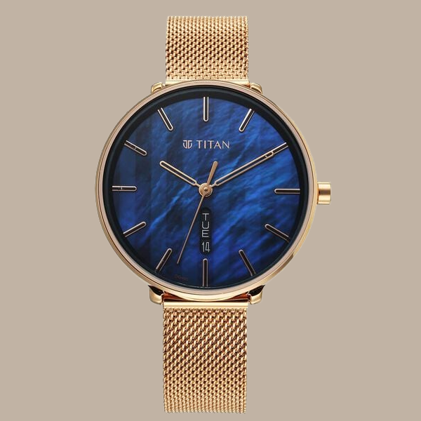 Titan Neo Analog with Day and Date Mother Of Pearl Dial Rose Gold Color Stainless Steel Strap Watch For Women