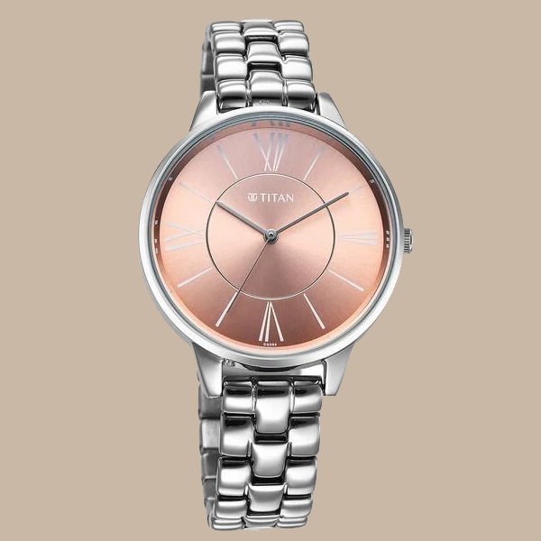 Titan Neo Quartz Analog Rose Gold Dial Silver Metal Strap Watch For Women